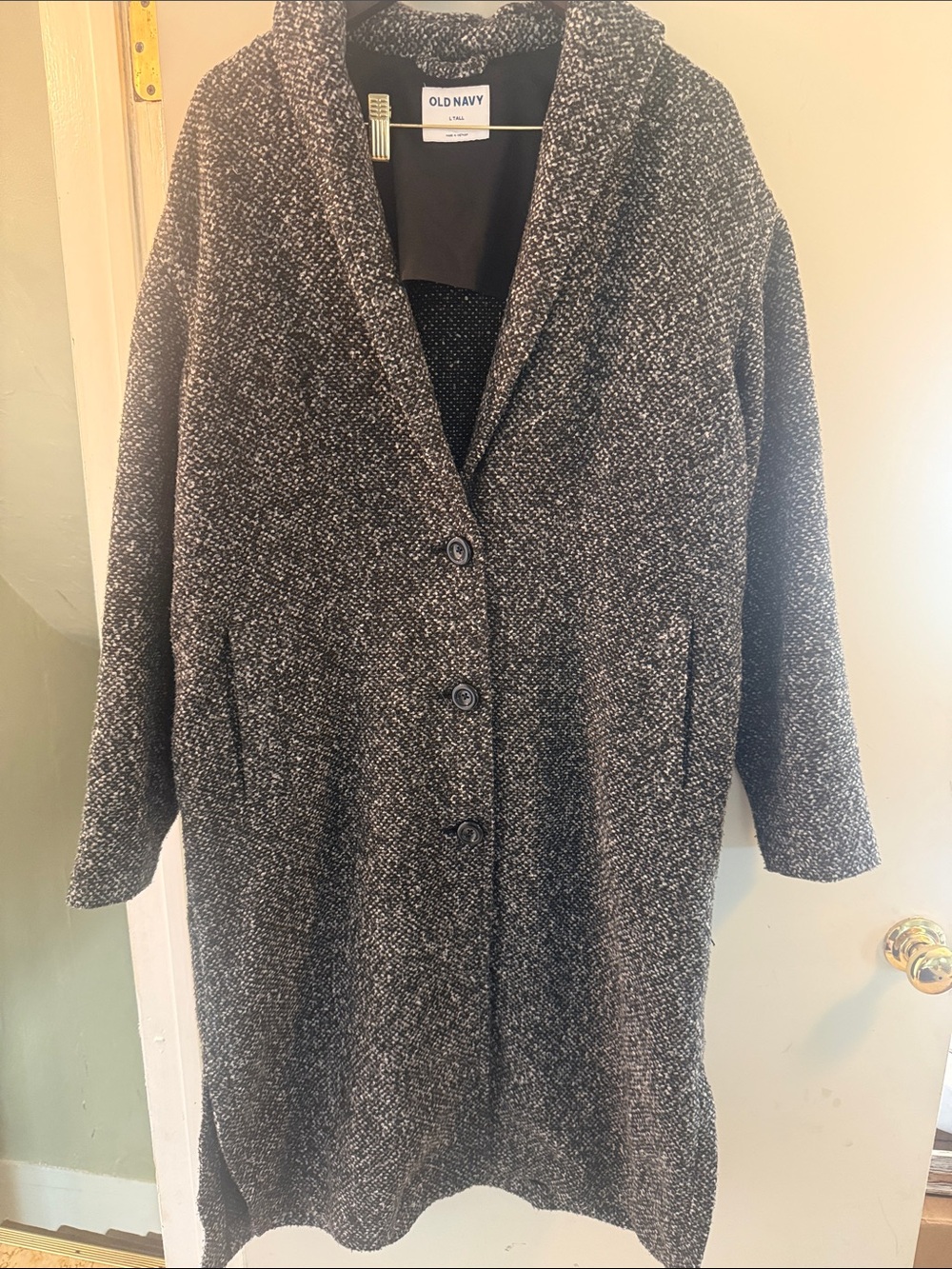 Old Navy Women's Black & Gray Tweed Button Coat Sz Large Tall EUC